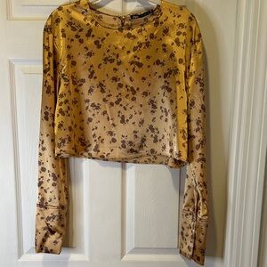 Zara terracotta & maroon Satin Floral Long-Sleeve Crop Top size L